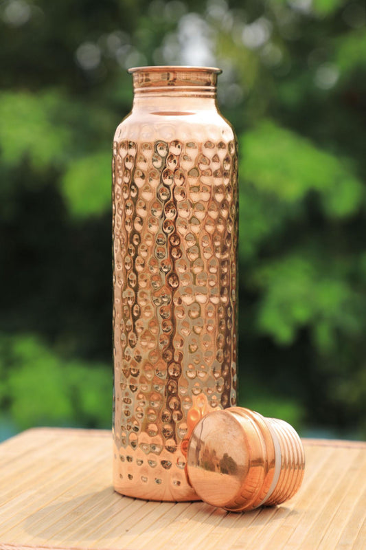 Pure Copper Water Bottle with Ergonomic Design - Hammered