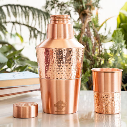 Pure Copper Bedroom Bottle with Glass & Leak-Proof Cap, 1400 ML - Hammered