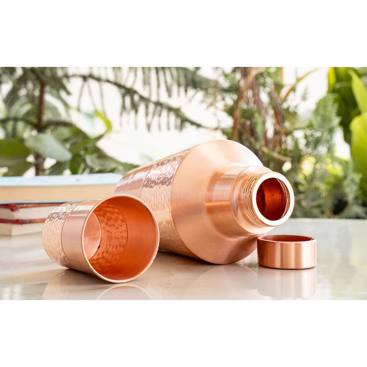 Pure Copper Bedroom Bottle with Glass & Leak-Proof Cap, 1400 ML - Hammered